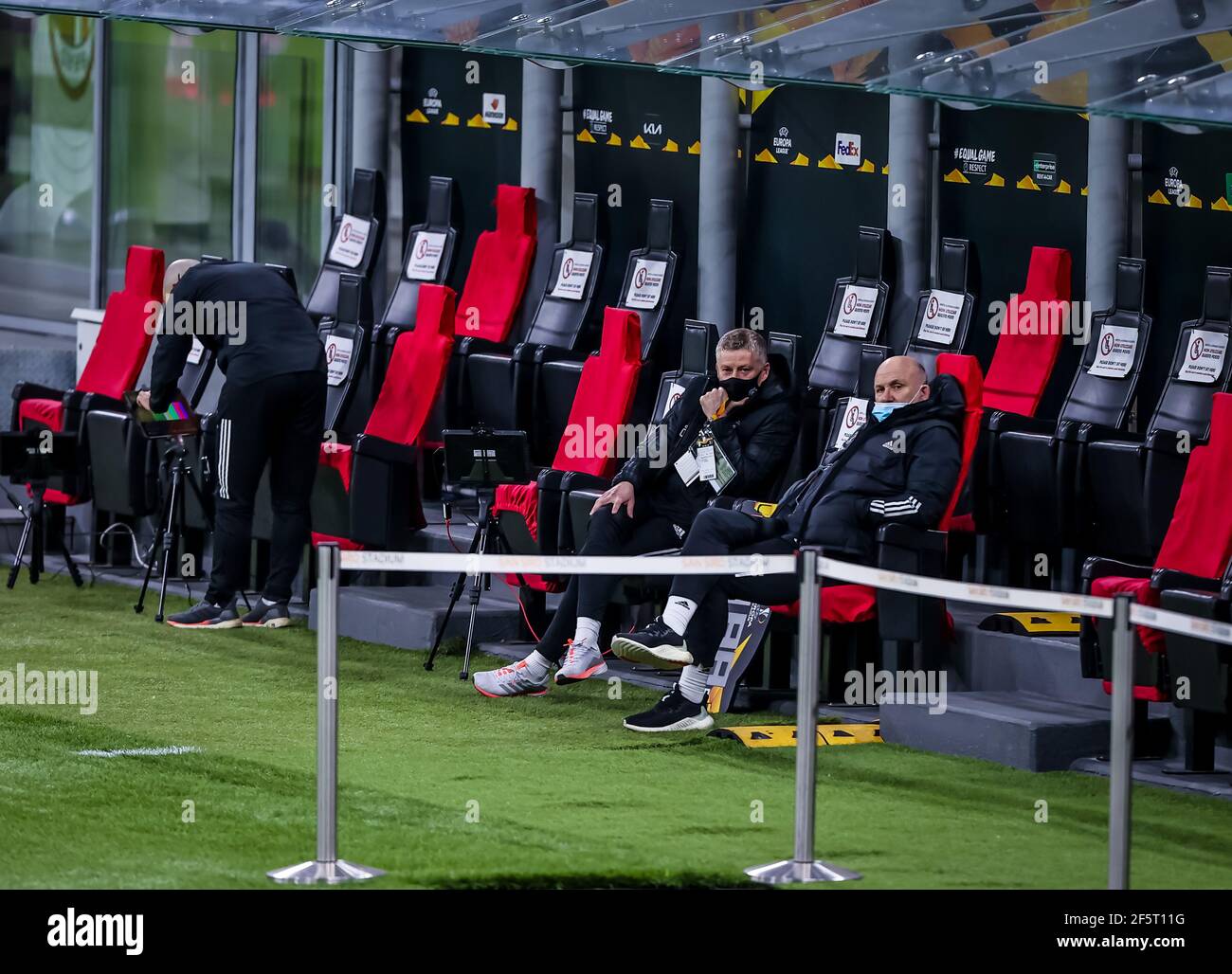 Ole Gunnar Solskjær, Head Coach of Manchester United FC on the bench during  the UEFA Europa League 2020/21 Round of 16 Second Leg football match  between AC Milan and Manchester United FC
