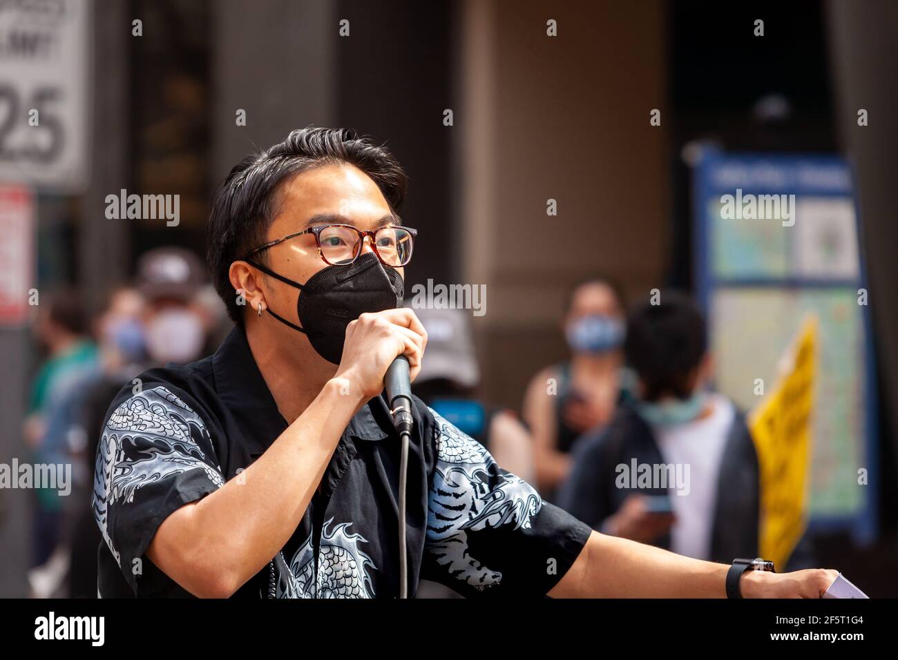 Washington, DC, USA, 27 March, 2021.  Pictured: Leo Wen of the DC Rally for Collective Safety speaks to the roughly 100 people at ANSWER Coalition's National Day of Action to Stop Anti-Asian Violence.  Credit: Allison C Bailey/Alamy Live News Stock Photo
