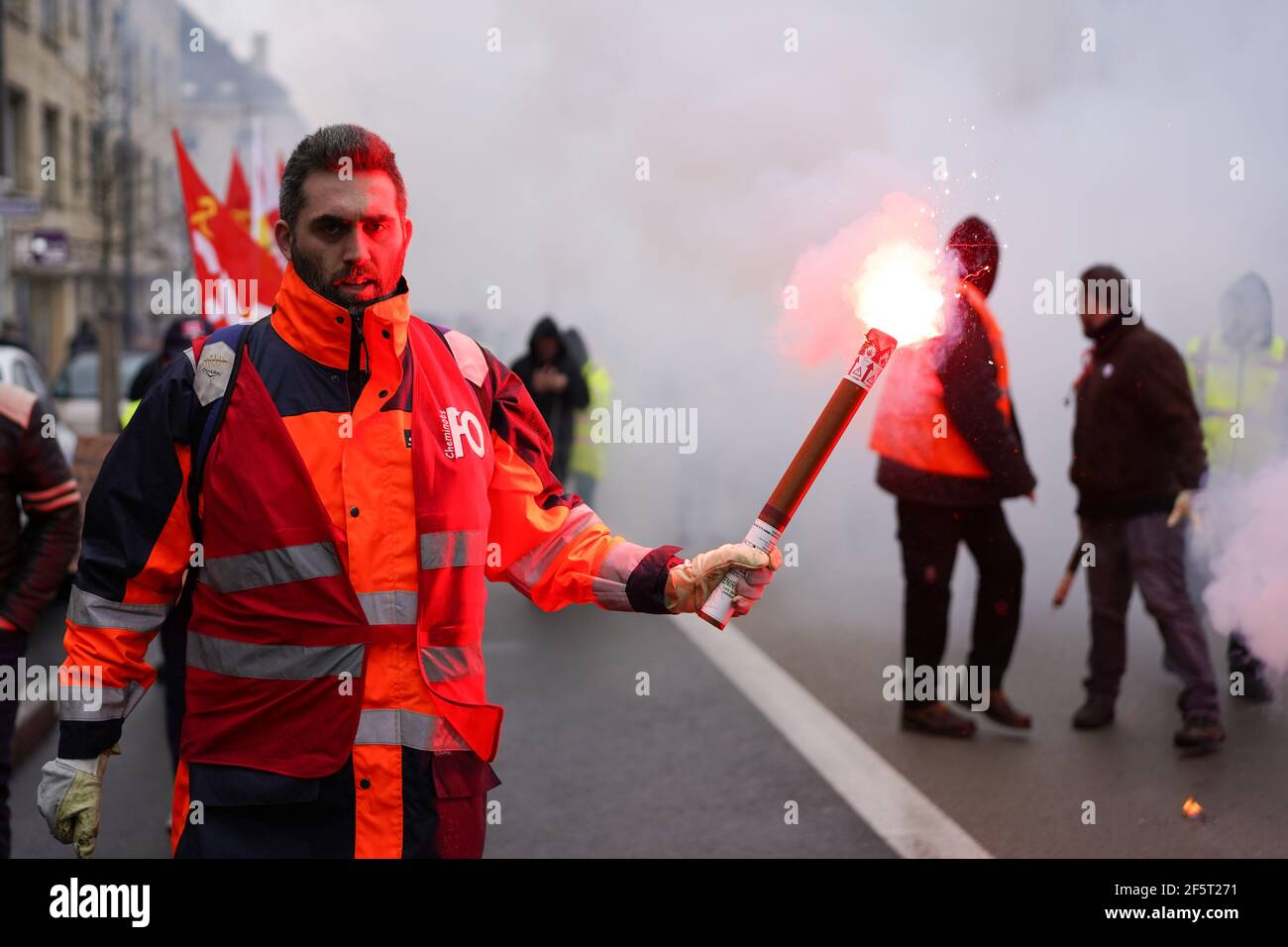 AMIENS, FRANCE - JANUARY 9, 2020 :  National protest against french pension reform plans. Reforms supported by french president Macron government Stock Photo