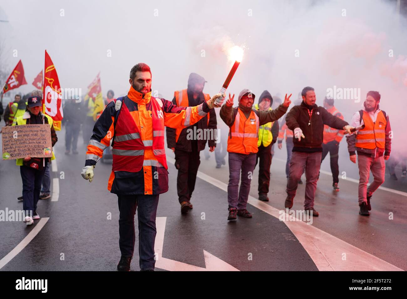 AMIENS, FRANCE - JANUARY 9, 2020 :  National protest against french pension reform plans. Reforms supported by french president Macron government Stock Photo