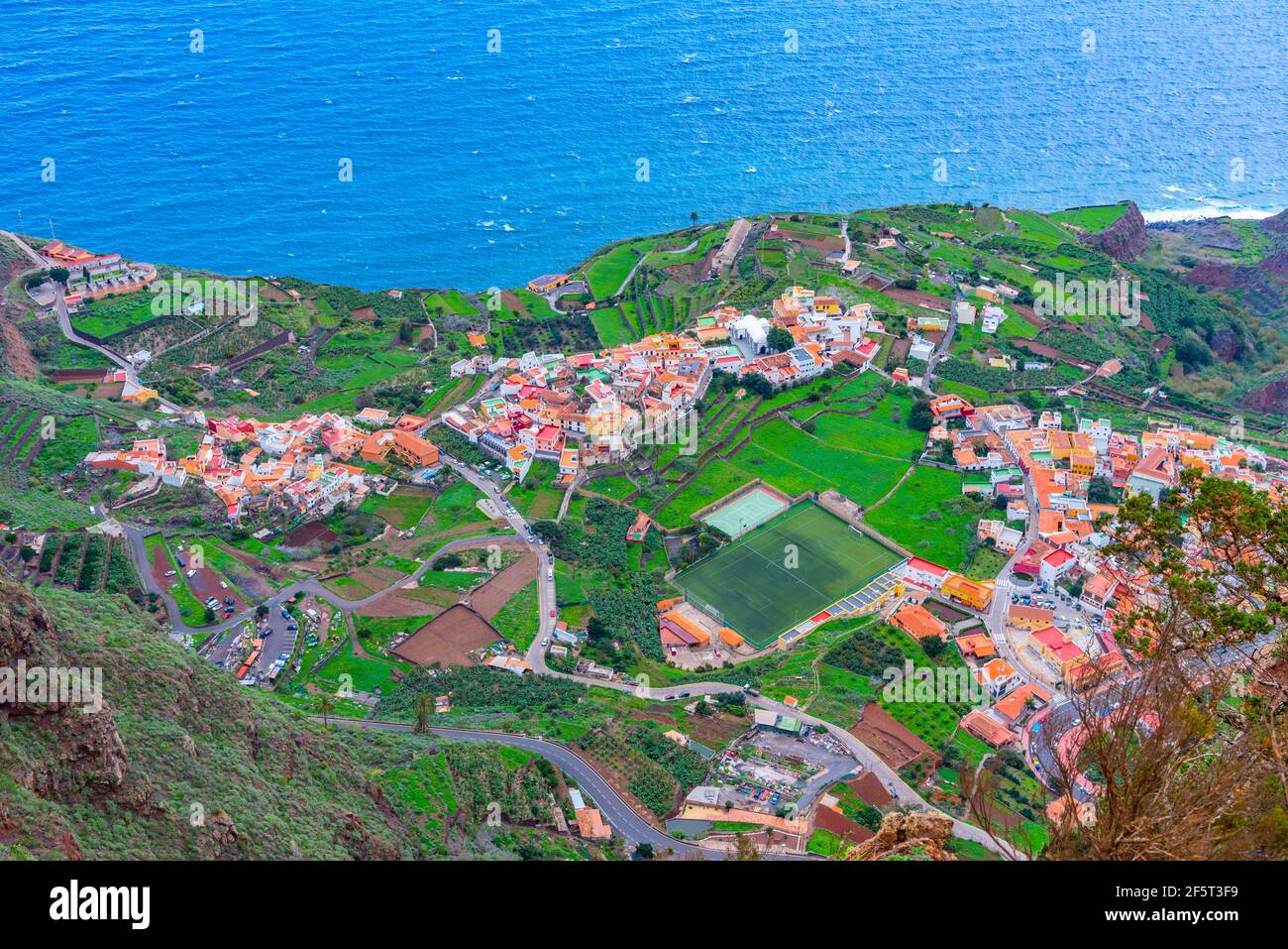 Aerial view of Agulo village at La Gomera, Canary Islands, Spain Stock ...