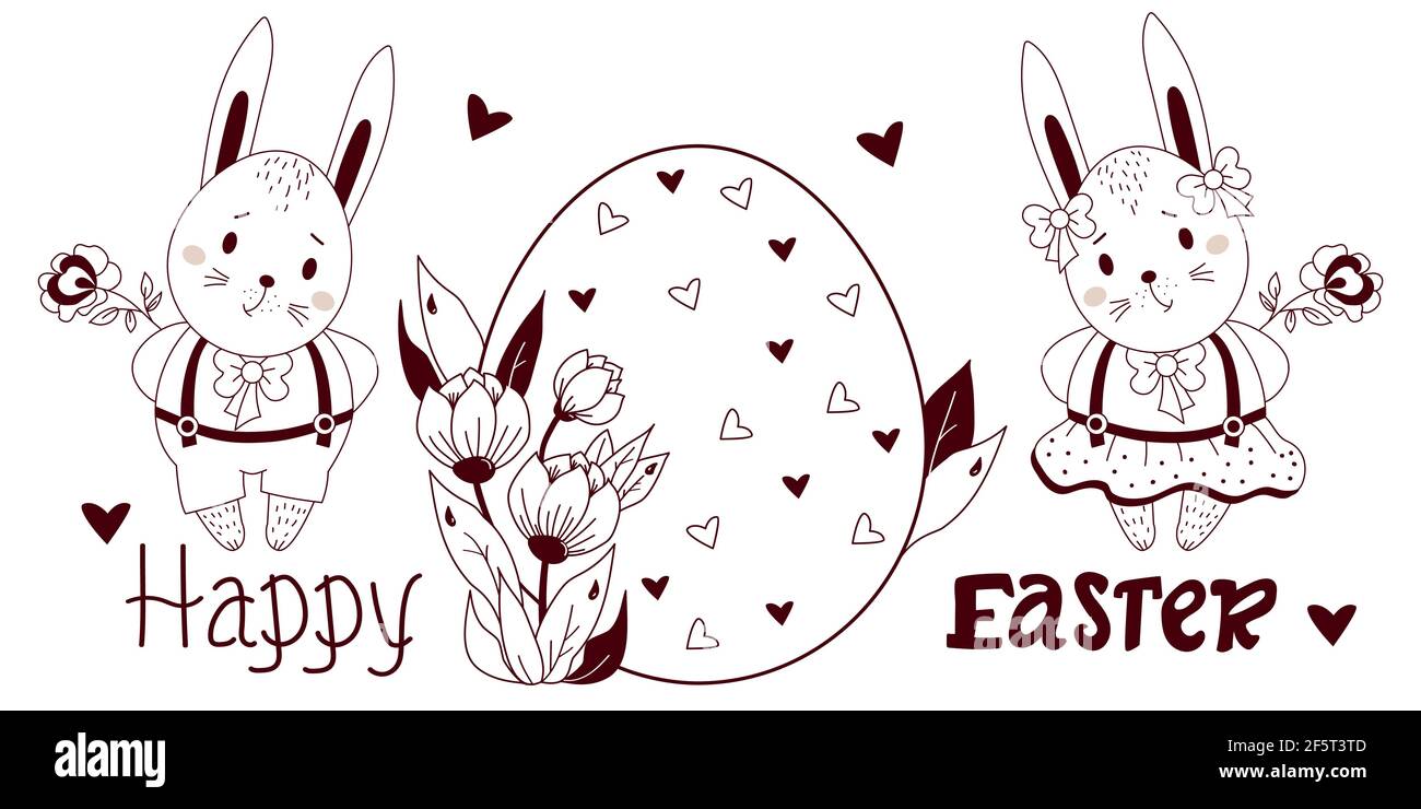 Happy Easter - card with cute Easter bunnies. Boy and girl with a large Easter egg and flowers. Vector illustration, outline. For design, decor Stock Vector