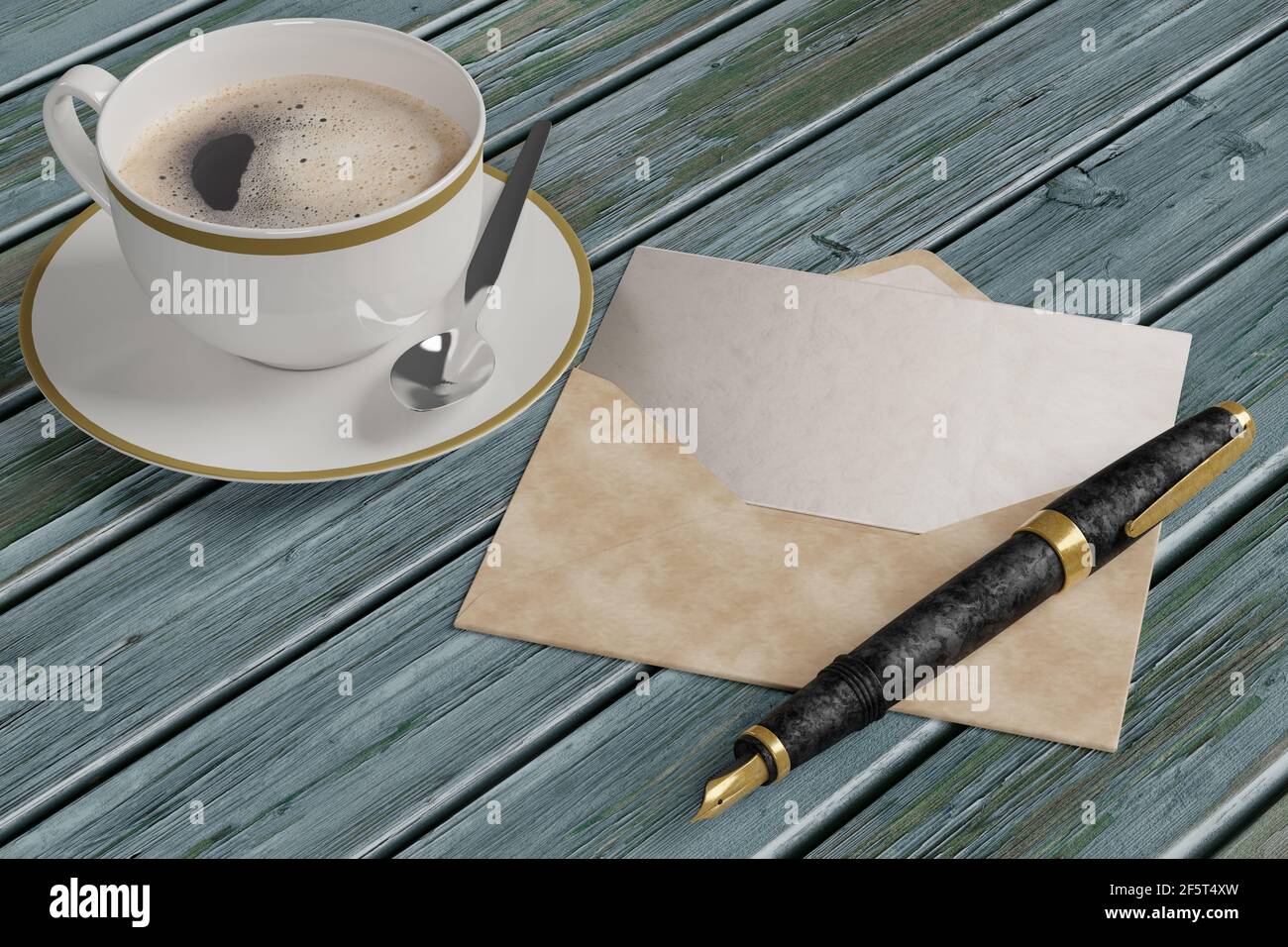 3d illustration. A fountain pen with note, blank letter, and writing