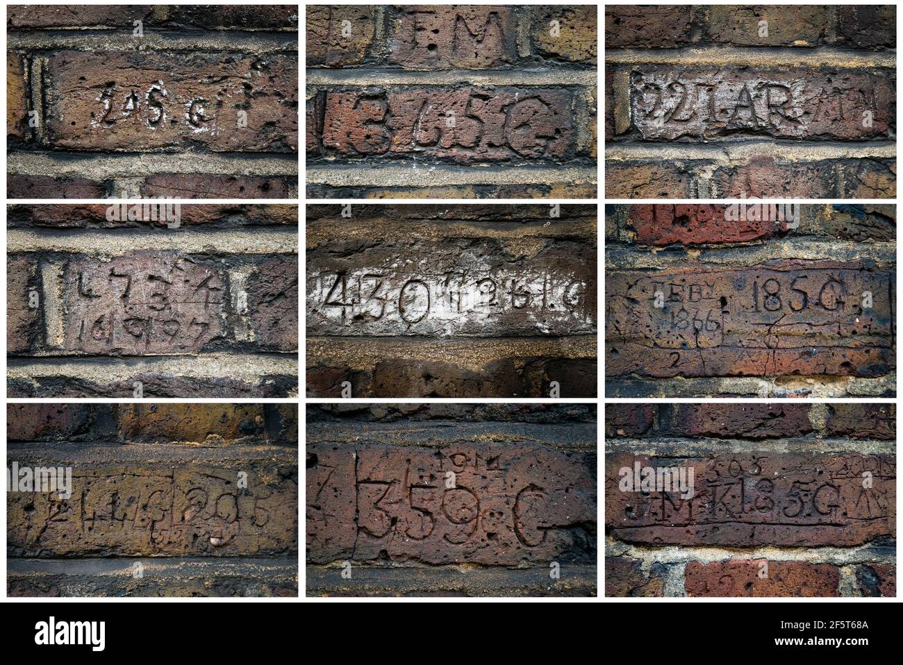 A photo composite of carvings of numbers, letters, and dates gouged into the brickwork of a wall that lines one side of Myddelton Passage in Islington, north London. The curious case of vandalism was most likely carried out by 19th and 20th police officers assigned to guard the passage at night time. Picture date: Friday March 26, 2021. Stock Photo