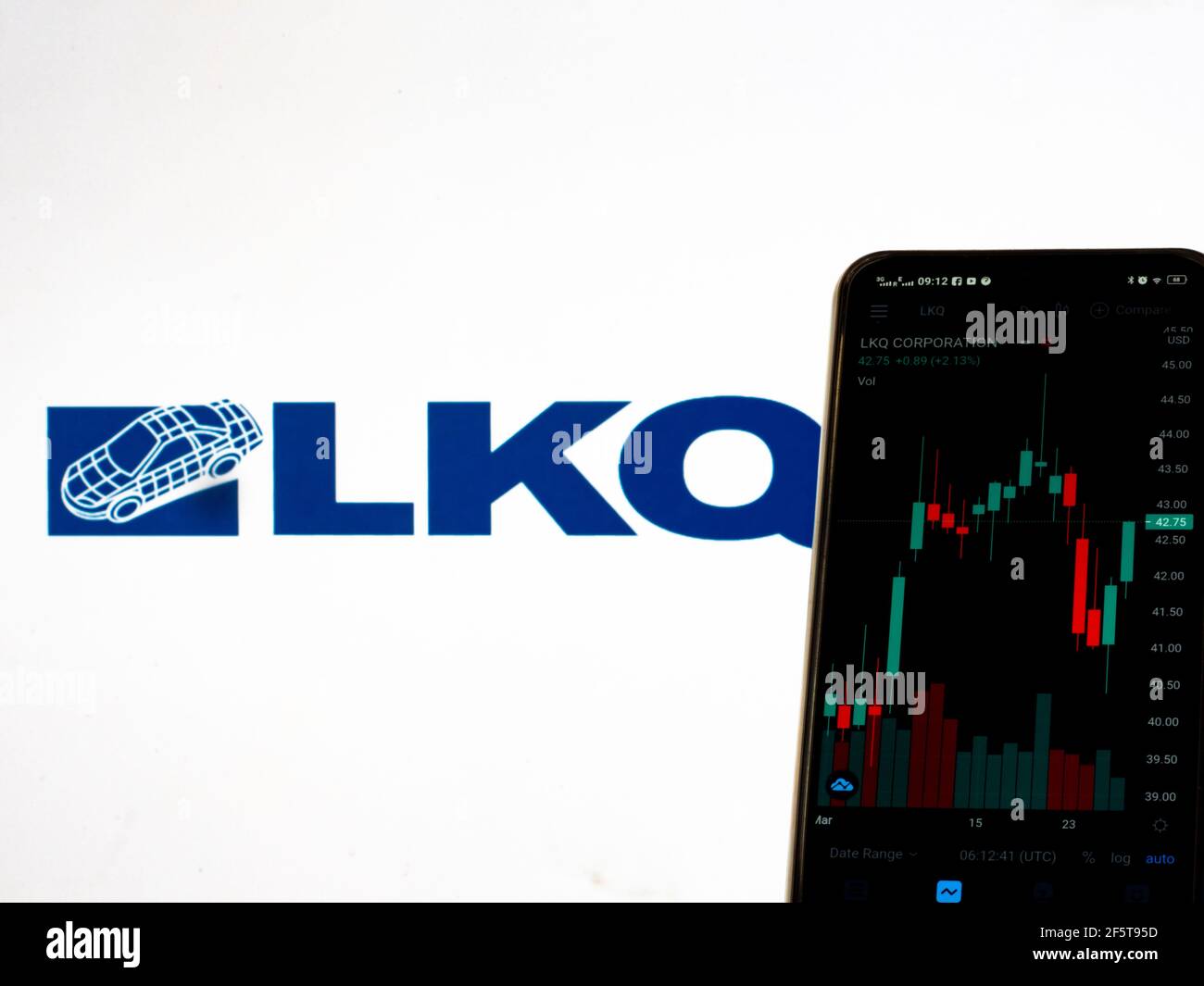 Ukraine. 28th Mar, 2021. In this photo illustration the stock market information of LKQ Corporation seen displayed on a smartphone with the LKQ Corporation logo in the background. (Photo by Igor Golovniov/SOPA Images/Sipa USA) Credit: Sipa USA/Alamy Live News Stock Photo