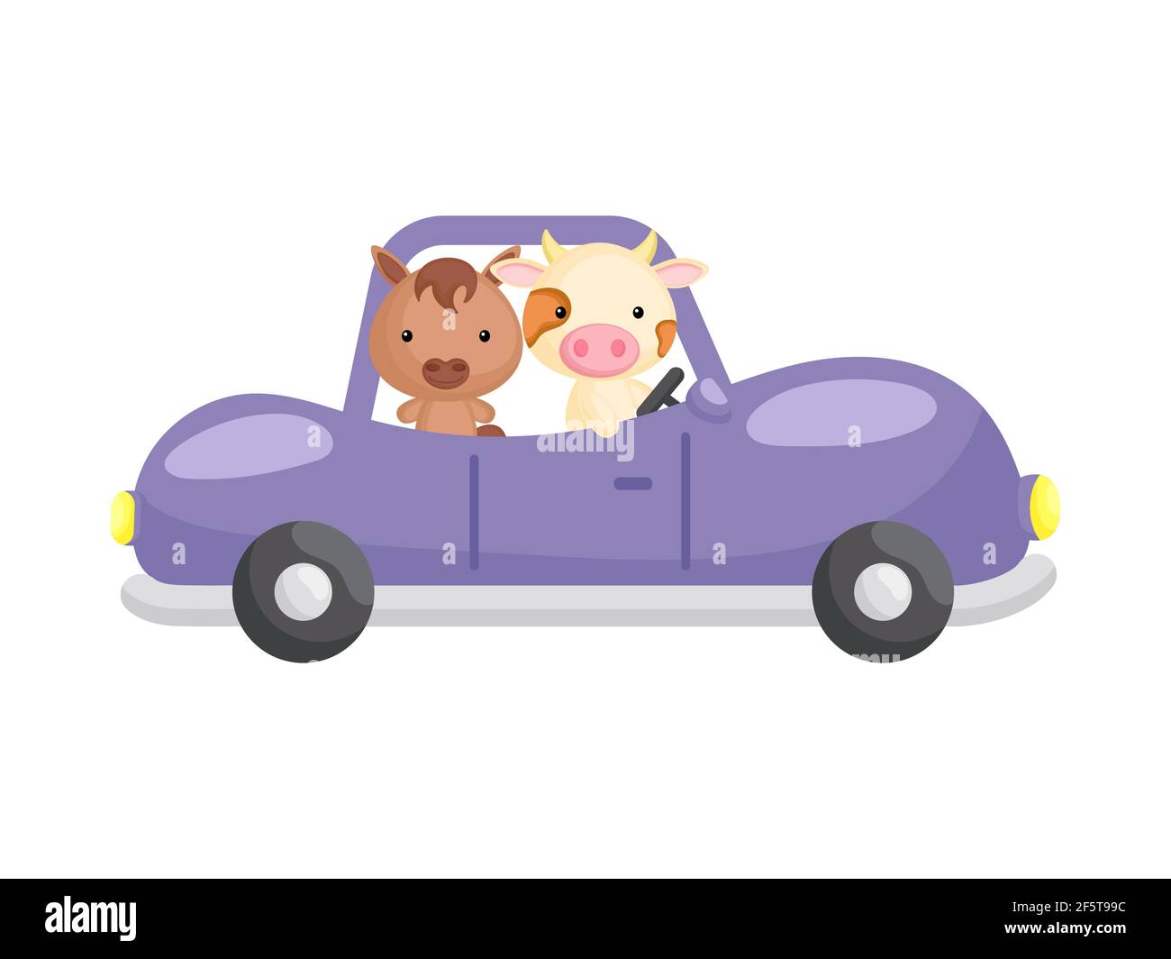 Cute little horse and cow driving purple car. Cartoon character for childrens book, album, baby shower, greeting card, party invitation, house interio Stock Vector