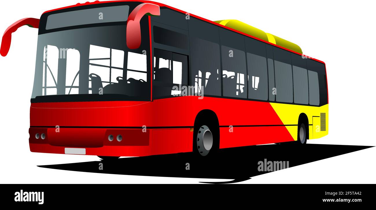 Red yellow City bus on the road. Coach. Vector 3d illustration Stock
