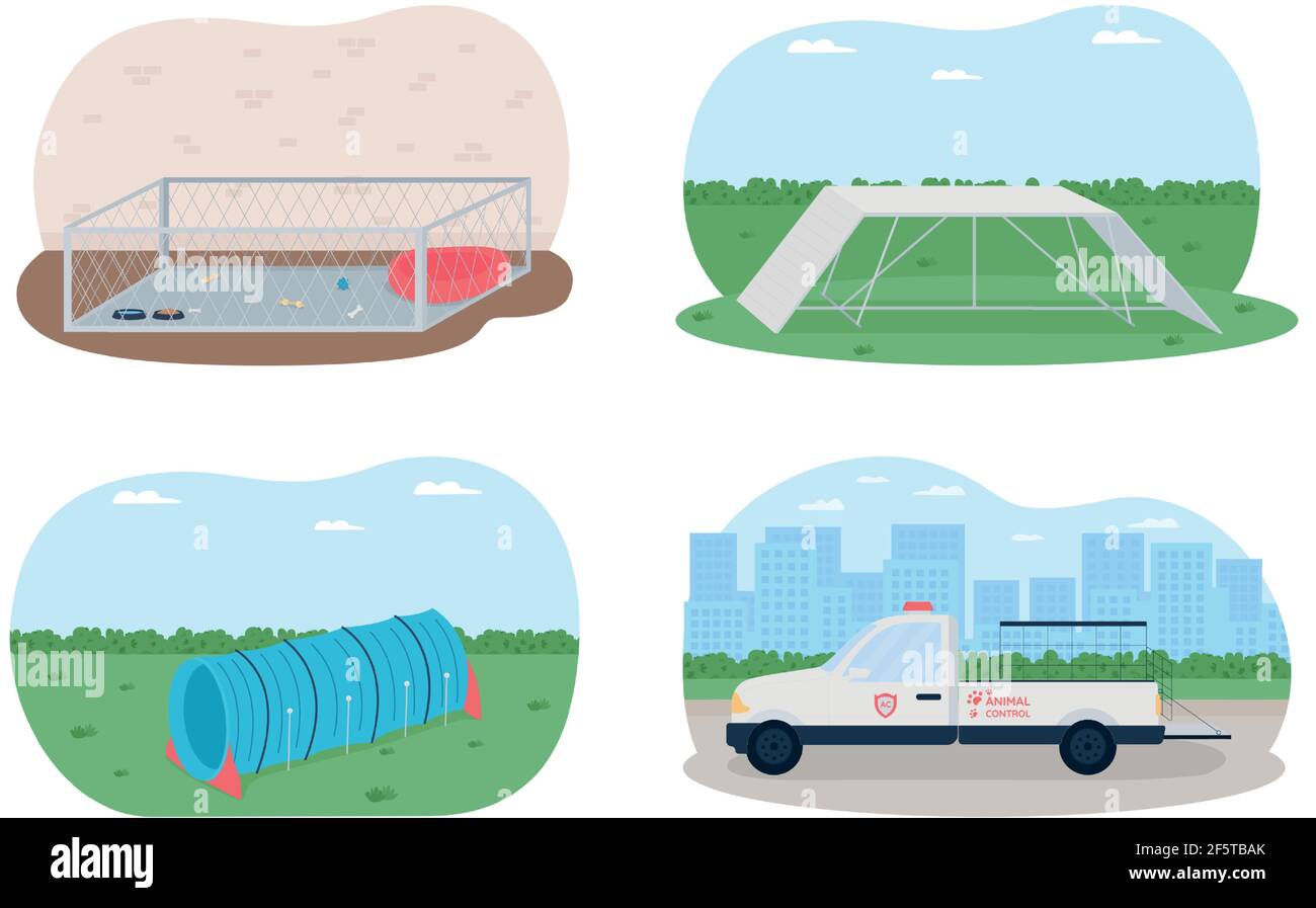 Training pets 2D vector web banner, poster set Stock Vector