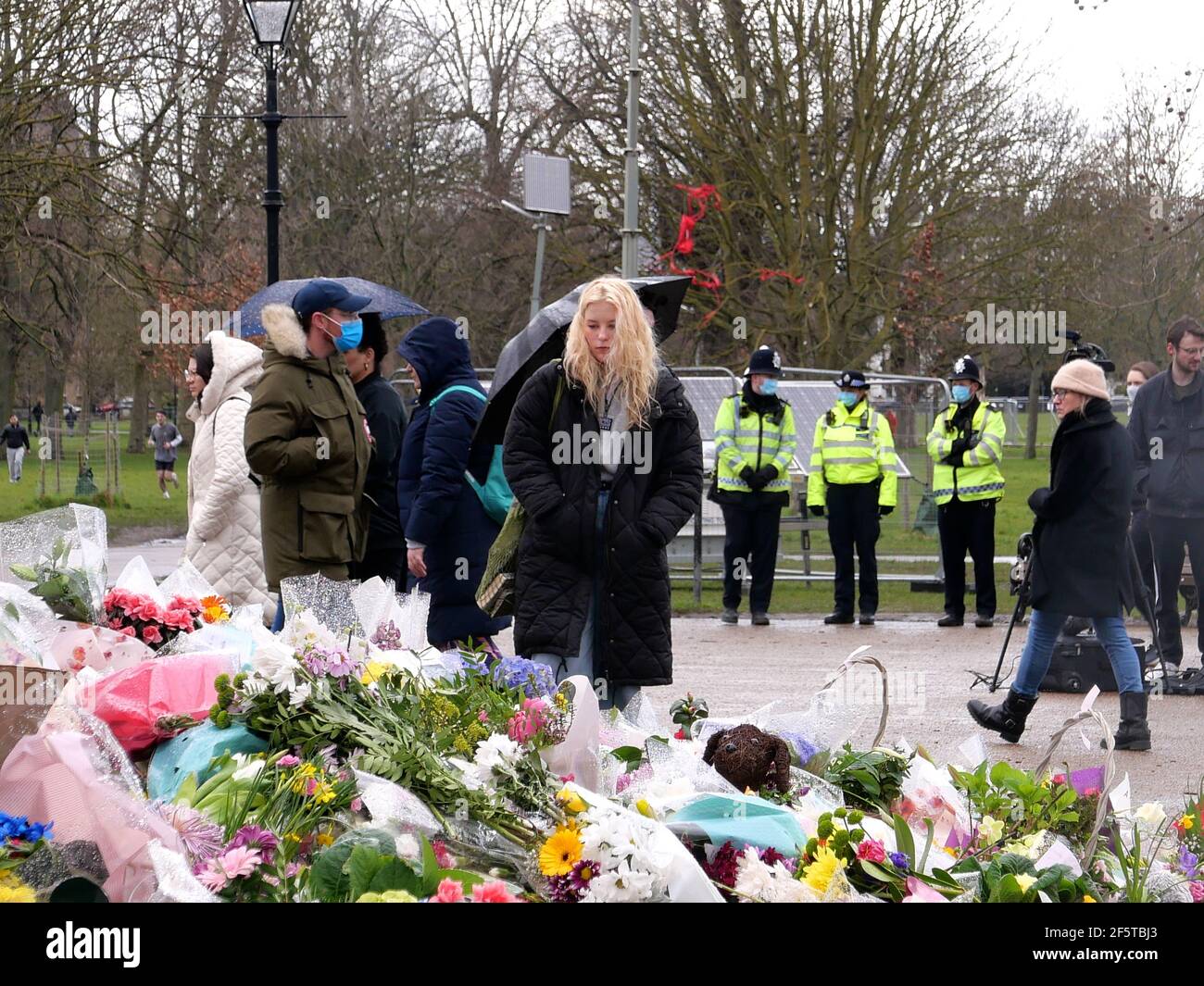 At around 21:00 GMT on 3 March 2021, Everard left the house of a friend near Clapham Junction to the west of Clapham Common.[4][7][8] She walked across the common, along the A205 South Circular Road, en route to her home.[7][3][9] She spoke to her boyfriend on her mobile phone for about fifteen minutes and agreed to meet him the next day.[3] At 21:28, she was seen on doorbell camera footage on Poynders Road[10] and four minutes later on the dashcam of a passing police car.[11][4][3] CCTV footage from a bus passing her route at 21:35 also assisted the investigation. Stock Photo