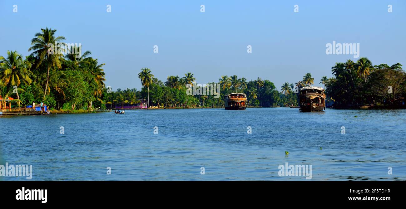 Kerala's backwaters are a network of brackish lakes and lagoons parallel to the coast of the Arabian Sea Stock Photo