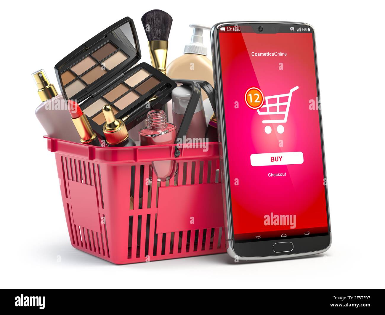 Cosmetics and beauty products buying online concept. Shopping basket with  makeup products and mobile phone with app for buying on the screen. 3d  illus Stock Photo - Alamy