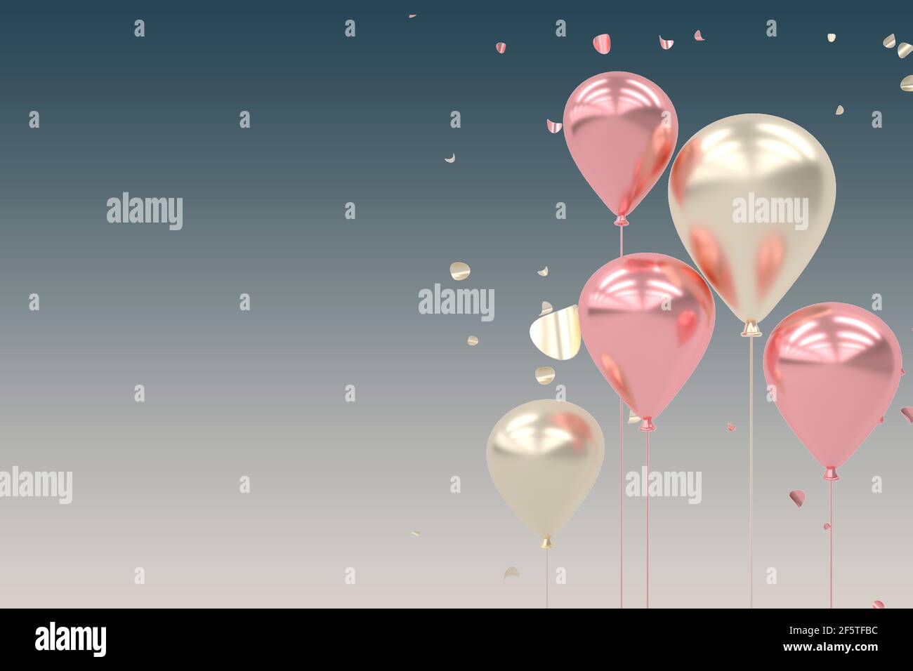 3D illustration with golden and pink rose gold balloons over gradient gray background. Glossy