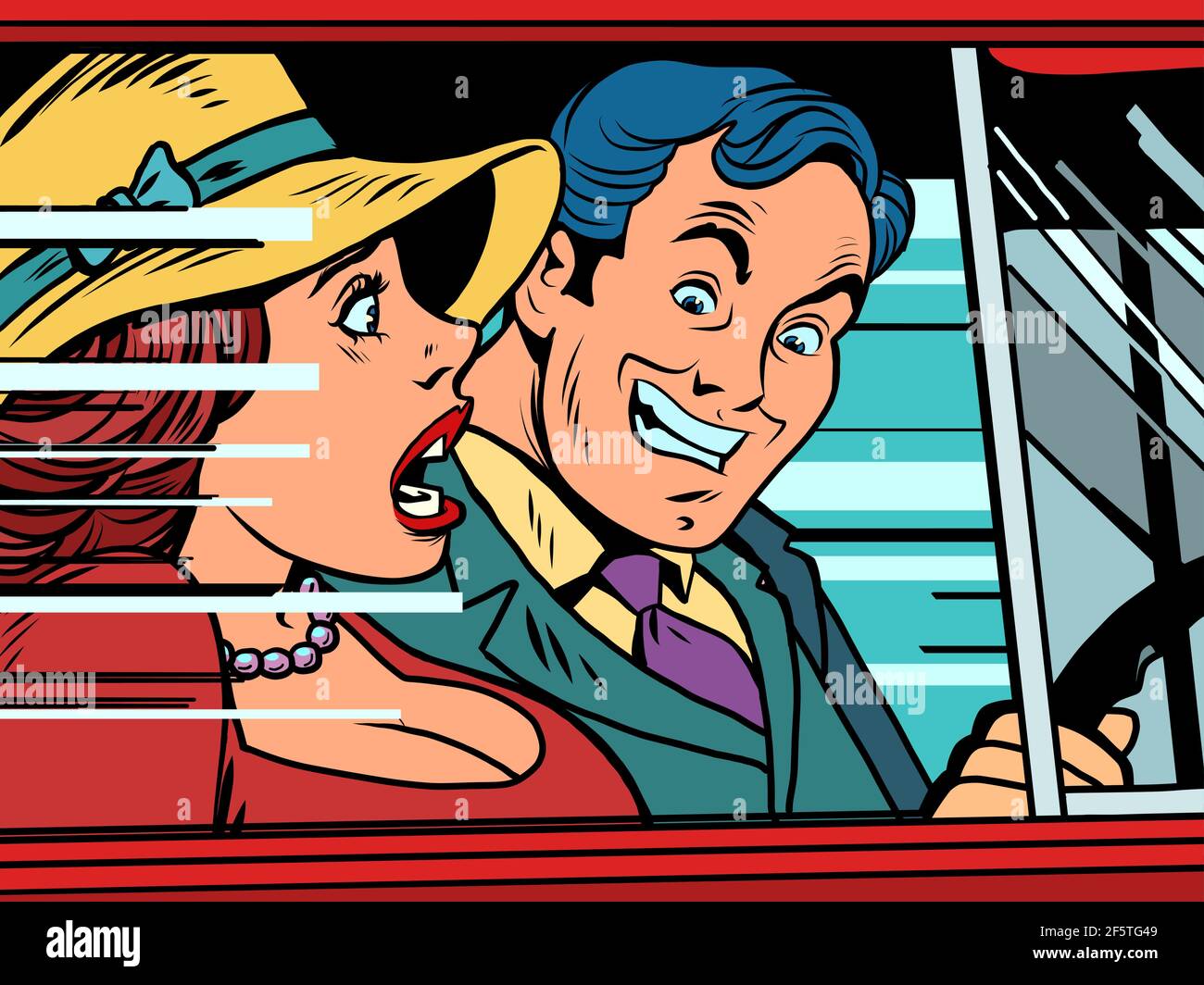 dangerous driving driver and passenger. A woman and a man in a car Stock Vector