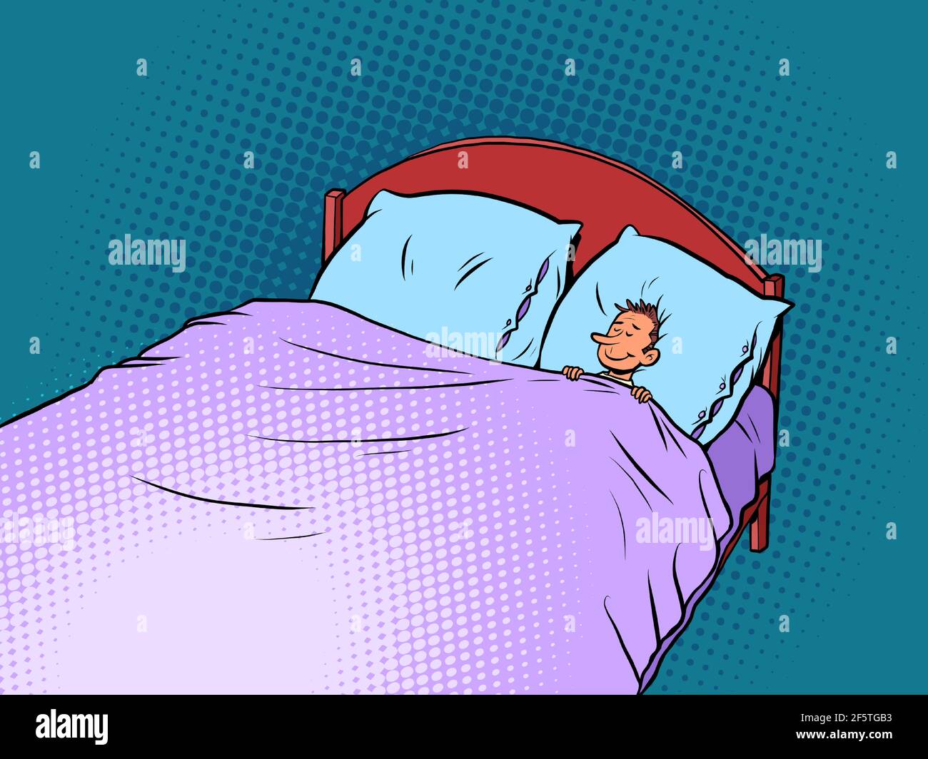 A single man is sleeping in a bed. Peace and quiet. Bedroom Stock Vector