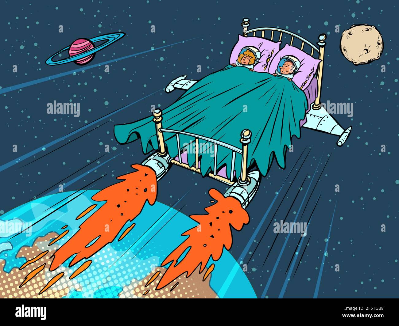 astronauts sleep in a rocket bed. Conquering other planets Stock Vector