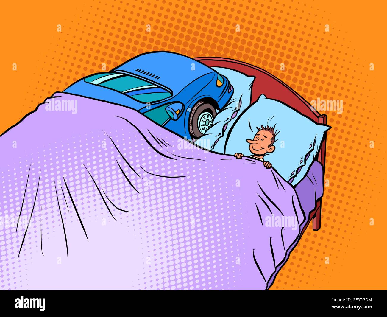 A man sleeps with a car. The dream of a driver s license. Driver Stock Vector