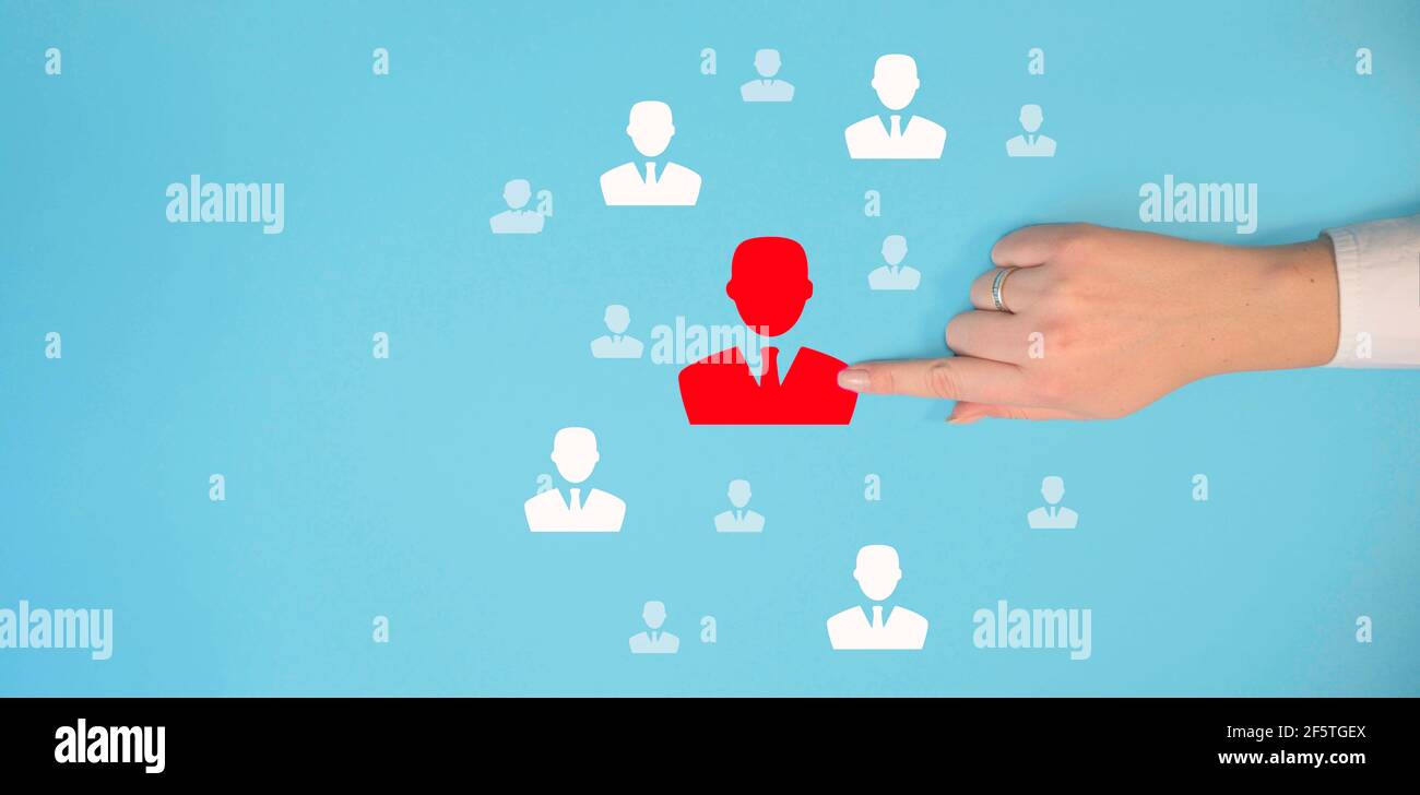 Human resource management, recruitment, selecting good leader or staff concept. People icons on blue background. Stock Photo