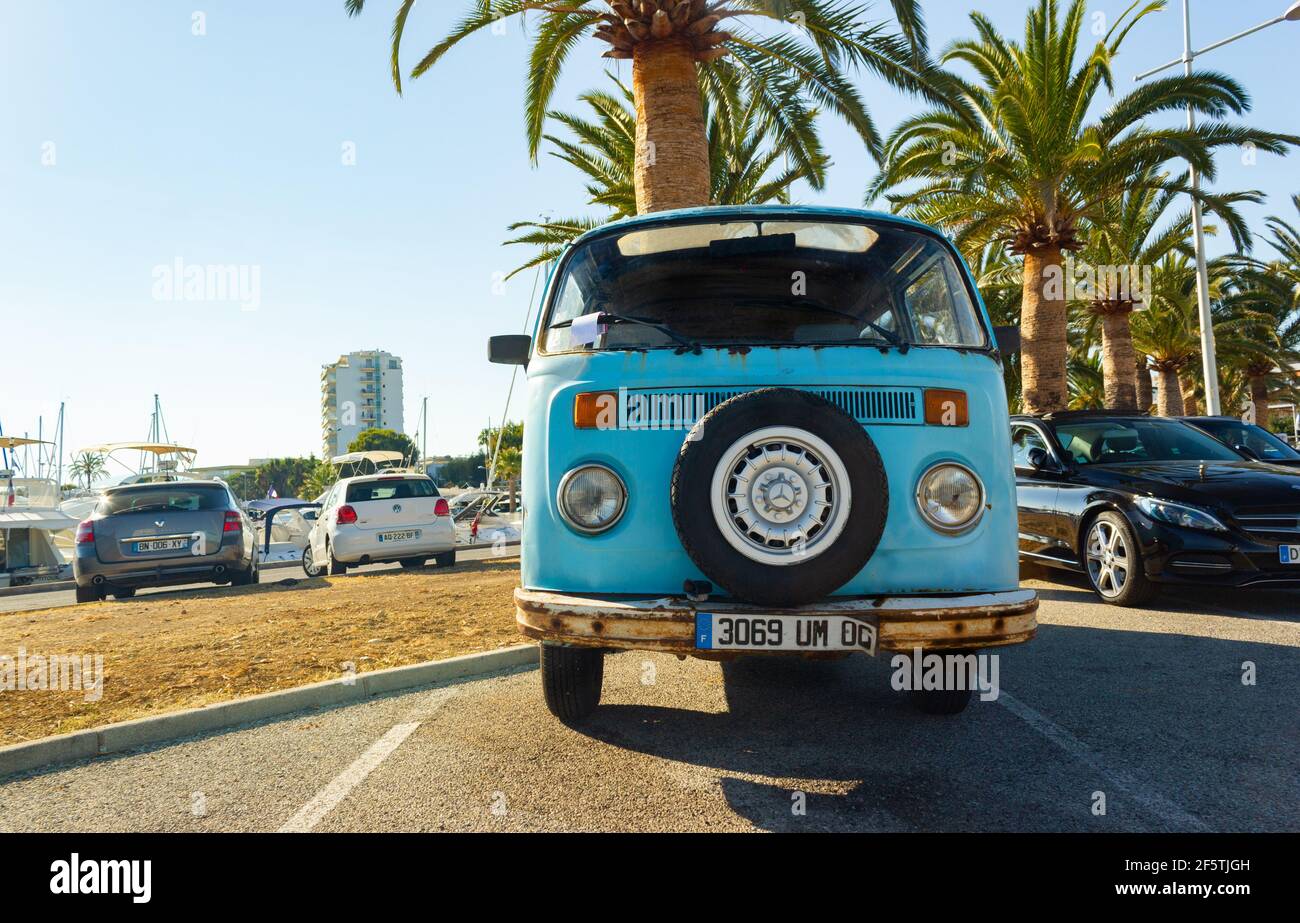 baby blue vintage VW Type 2 camper van in Antibes, South of France ...