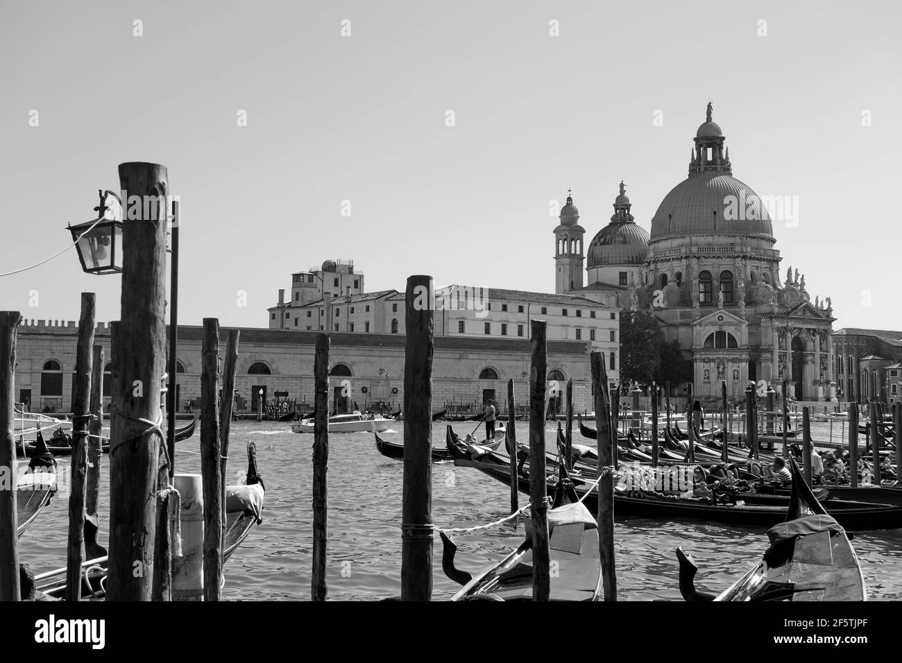 Gondolas and The Santa Maria della Salute church across the Grand Canal in Venice, Italy. Black and white venetian cityscape Stock Photo