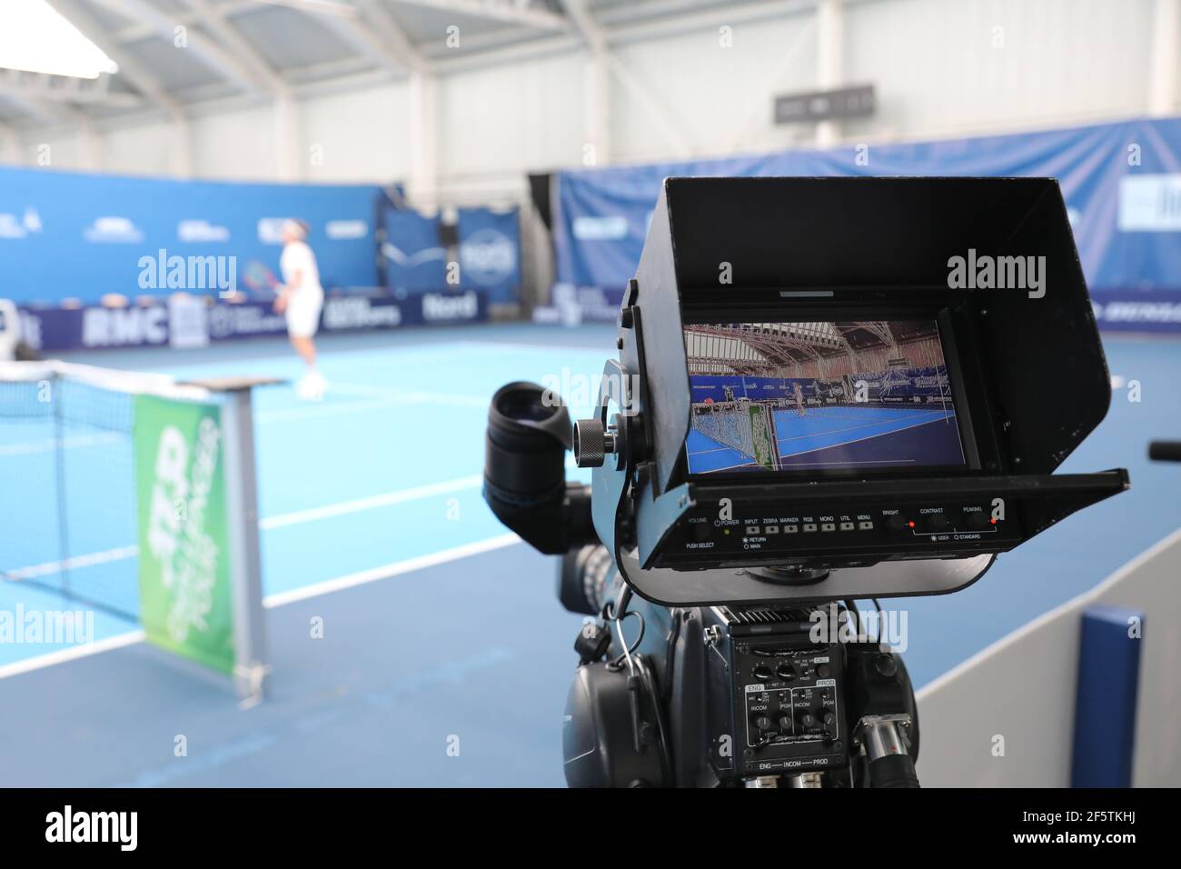 Camera TV during the Play In Challenger 2021, ATP Challenger tennis tournament on March 27, 2021 at Marcel Bernard complex in Lille, France - Photo Laurent Sanson / LS Medianord / DPPI / LiveMedia Stock Photo