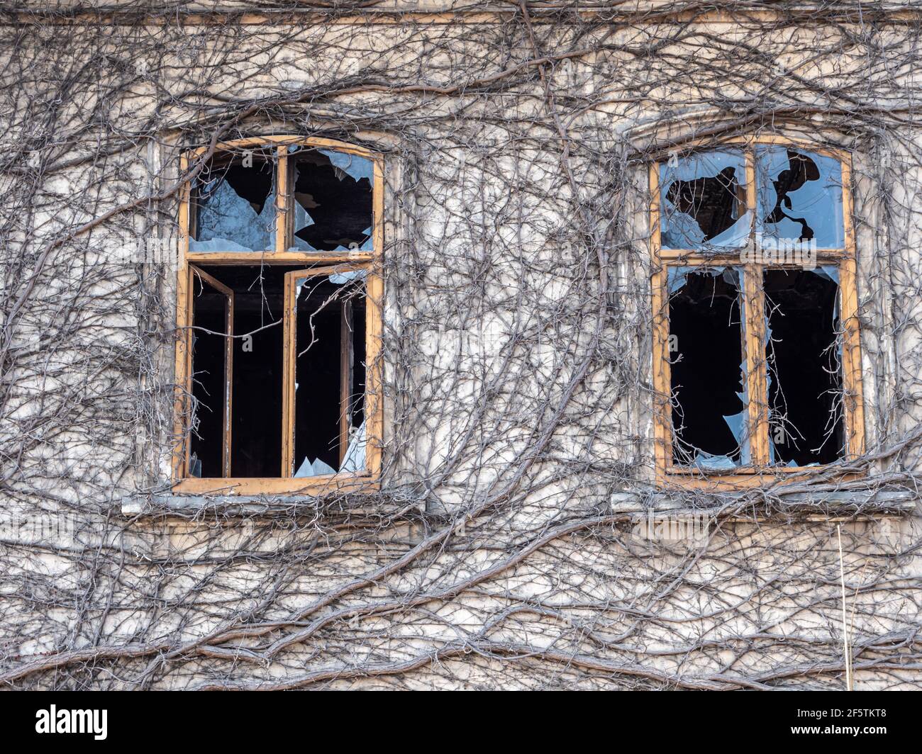 Old facade with two broken windows Stock Photo
