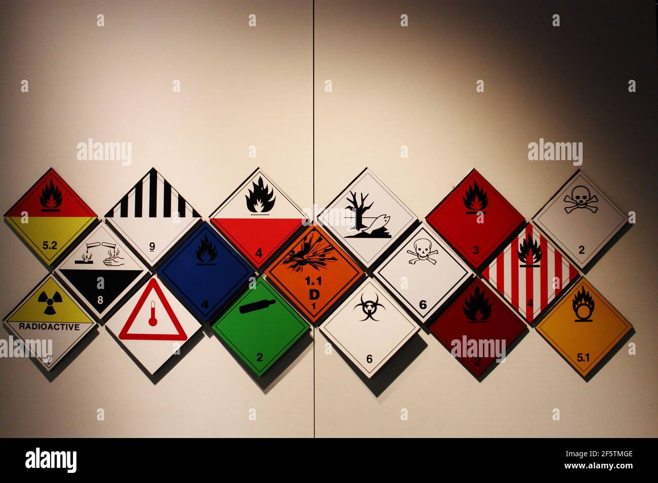 Hazardous symbols. Transportation of dangerous goods symbols and signs and logos. A collection of signs for transporting dangerous goods. Stock Photo
