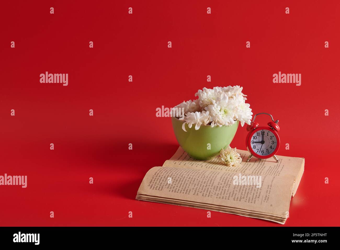 stand on a book white flowers in a cup with an alarm clock on a red background Stock Photo
