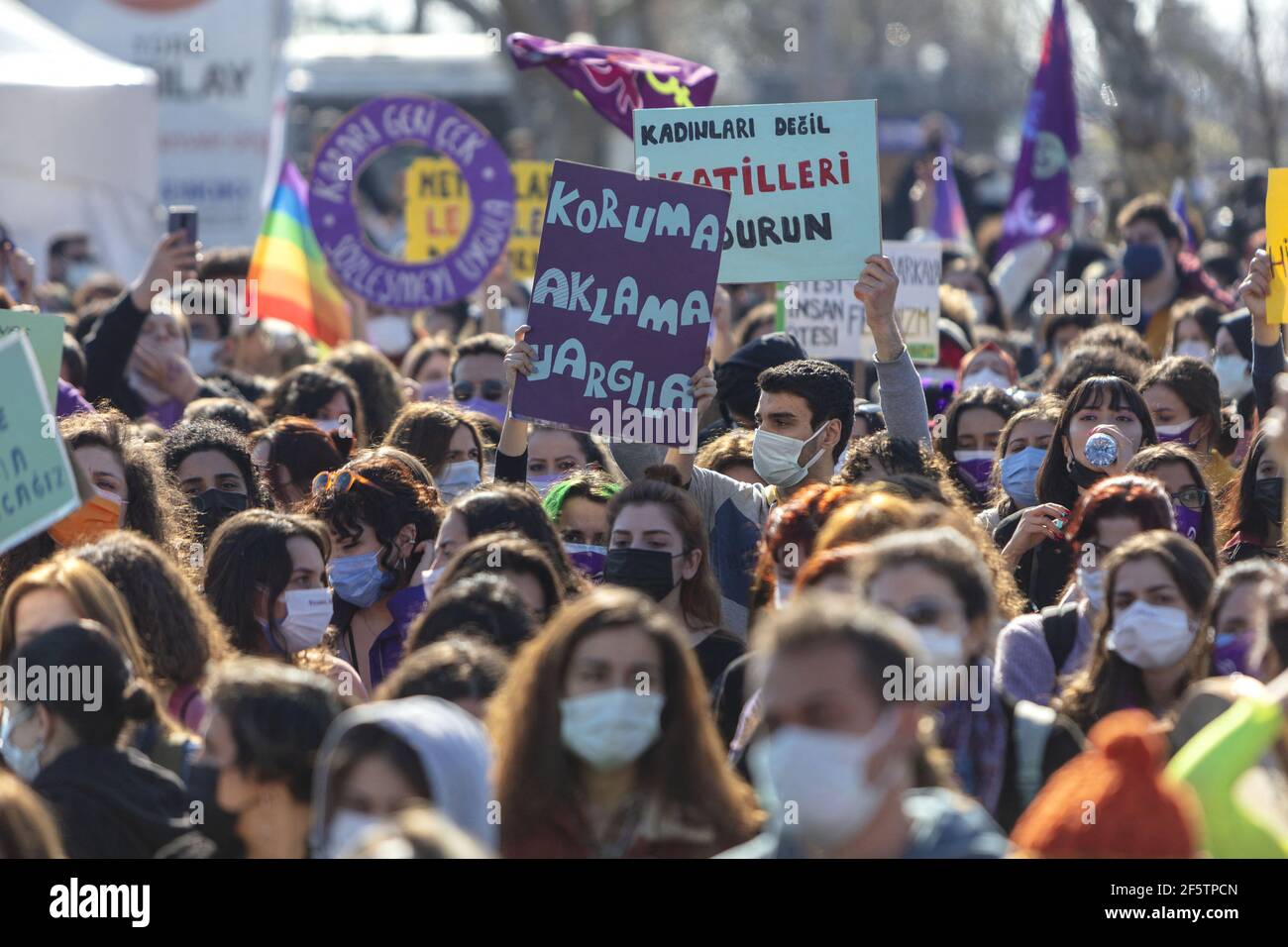 Women gathered in Kadikoy to protest against the Turkish government's decision to withdraw from the Istanbul Convention, an international treaty designed to safeguard women from gender based violence. The women who chanted ‘femicide are political’, ‘we are not silent, we are not afraid, we do not obey’ expressed that they will continue this struggle against the abolition of the Istanbul Convention. Istanbul, Turkey, on March 27, 2021. Photo by Halil Ibrahim Ayan/Depo Photos/ABACAPRESS.COM Stock Photo