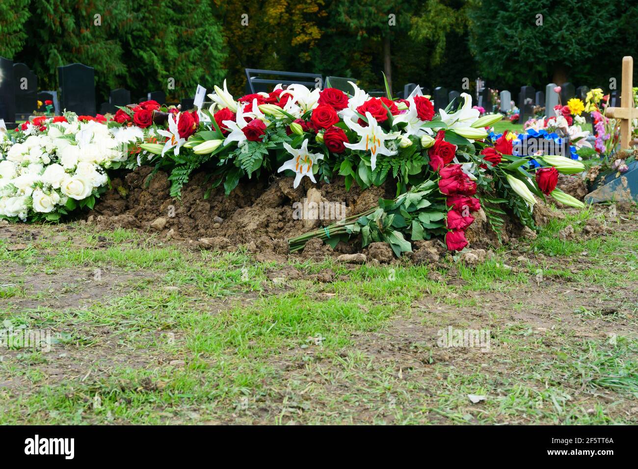 Newly dug grave after a funeral with floral tributes in a typical cemetery in the UK Stock Photo