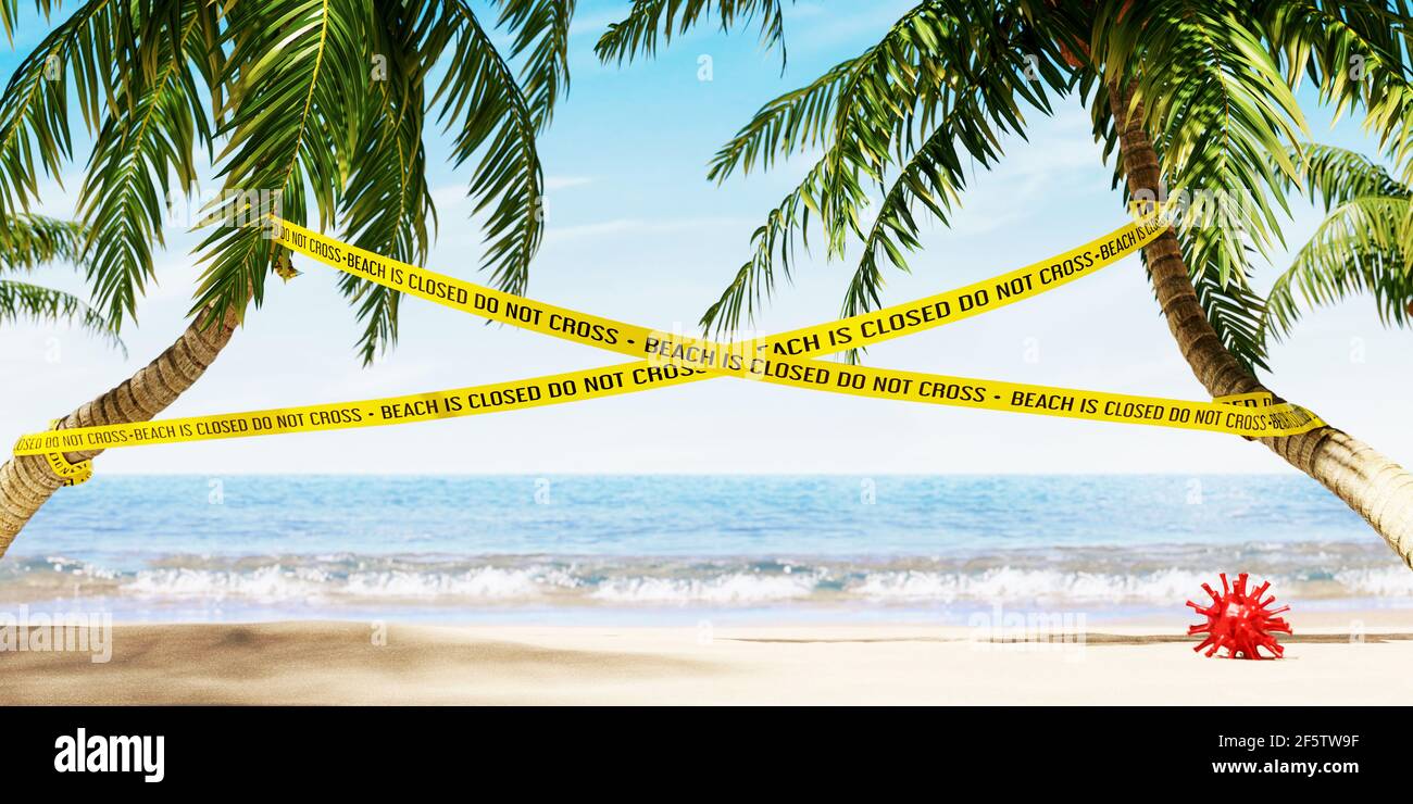 Beach is closed during Coronavirus pandemic crisis. Travelling cancellation concept background 3D Rendering, 3D Illustration Stock Photo