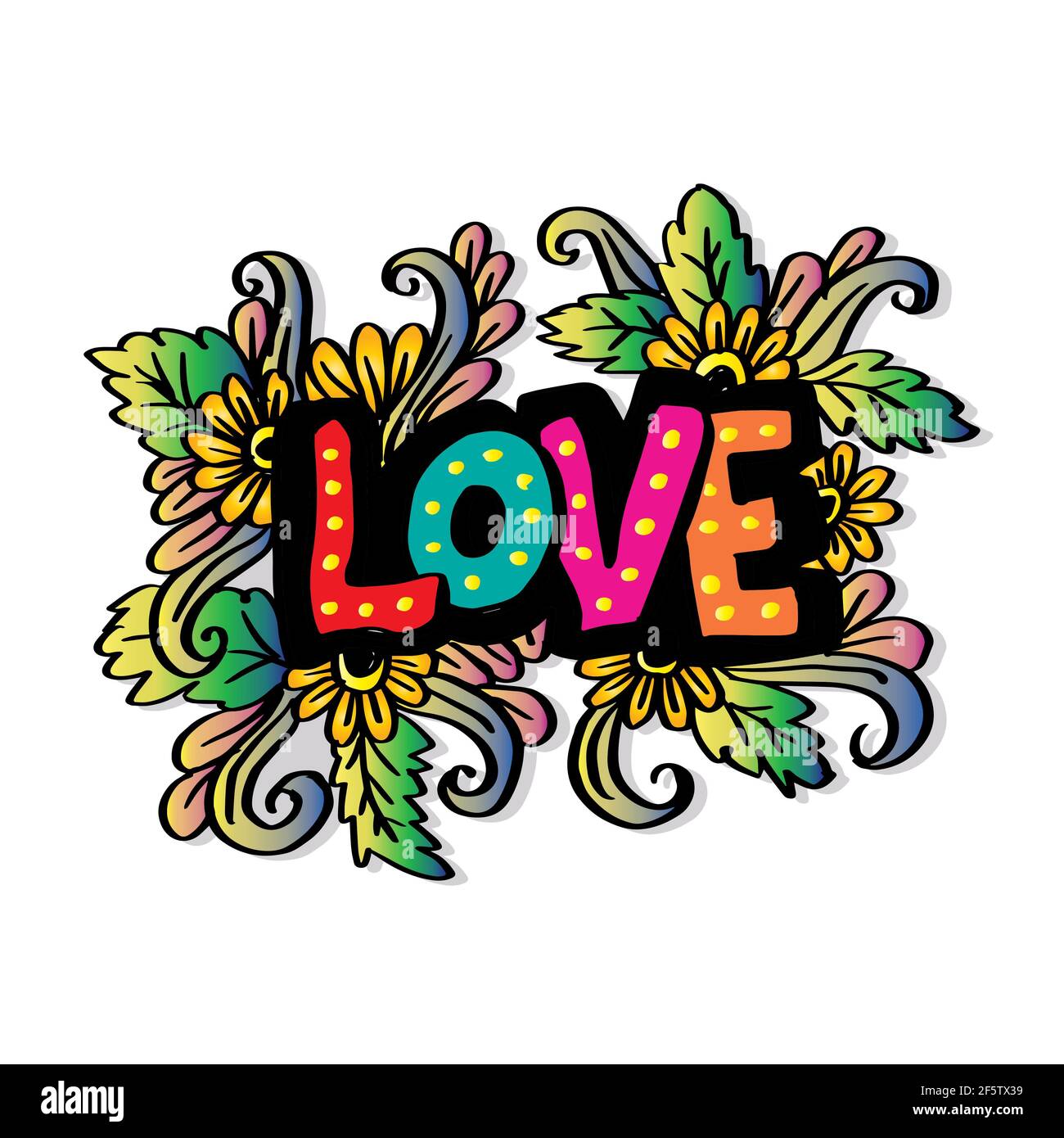 LOVE text hand drawing illustration with floral background Stock ...