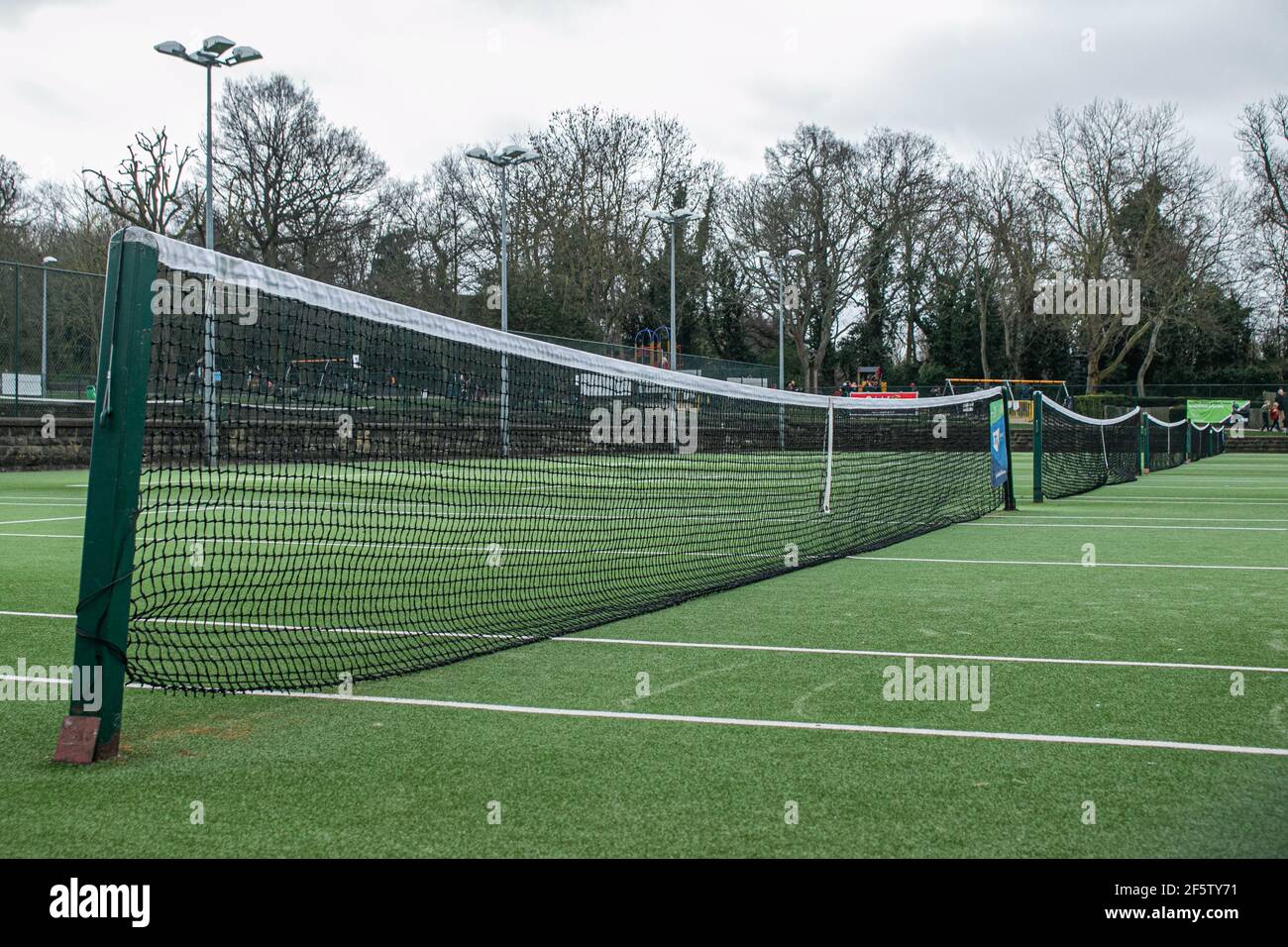 WIMBLEDON LONDON, UK 28 March 2021. Outdoor tennis courts in Wimbledon Park  in cooperation with the LTA Lawn Tennis Association prepare to open to the  public from Monday 29 March in line