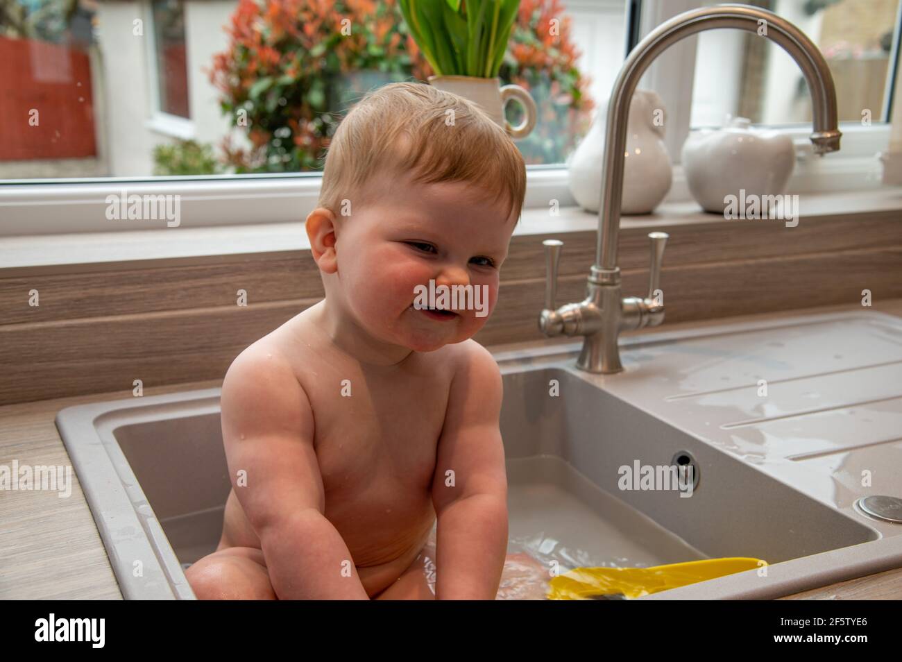 A baby being bathed in a kitchen sink Stock Photo