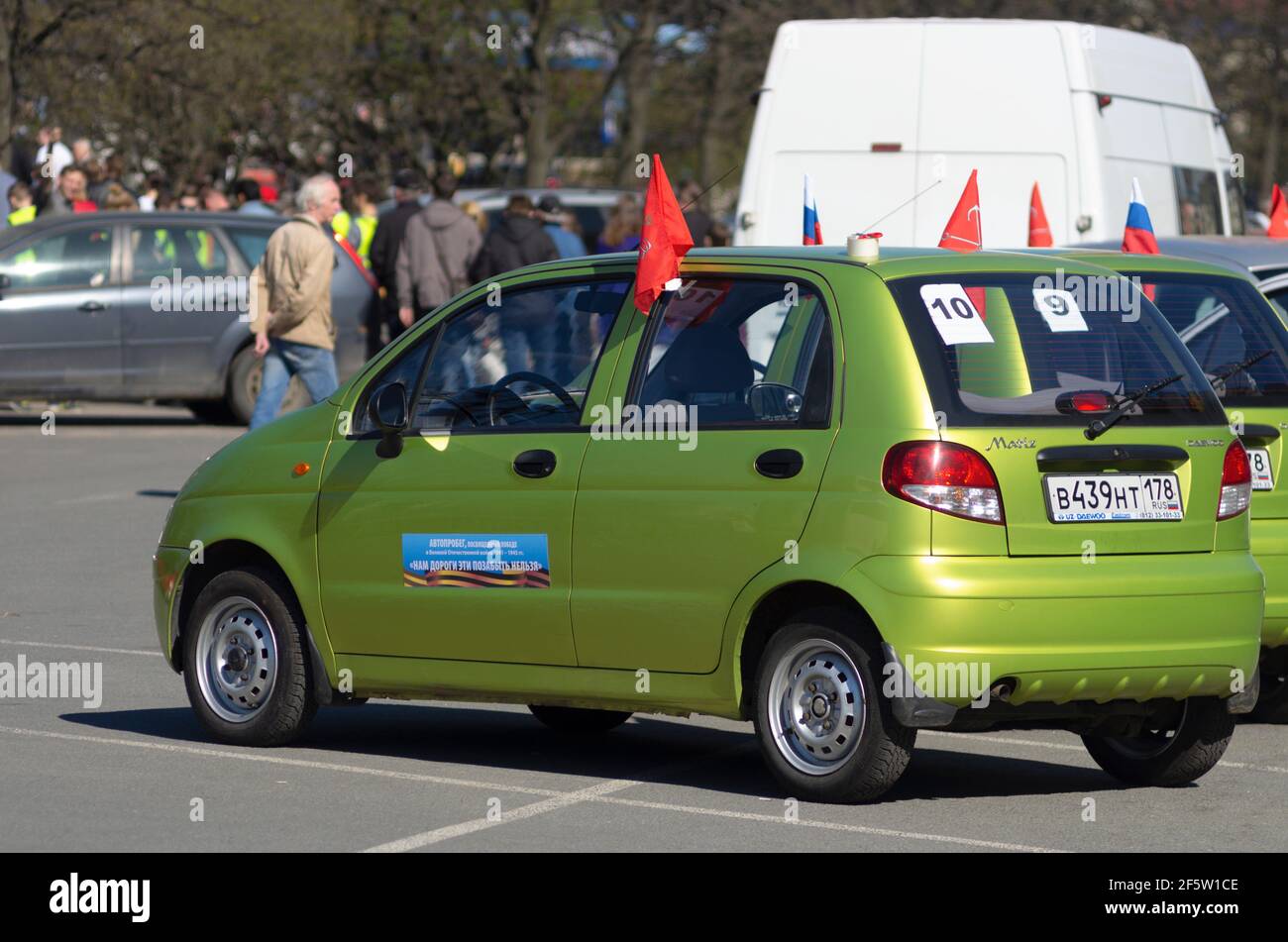 Saint Petersburg, Russia - May 05, 2016: Annual rally on flag-decorated small cars Daewoo Matiz in memory of the Great Patriotic War 1941-1945 Stock Photo