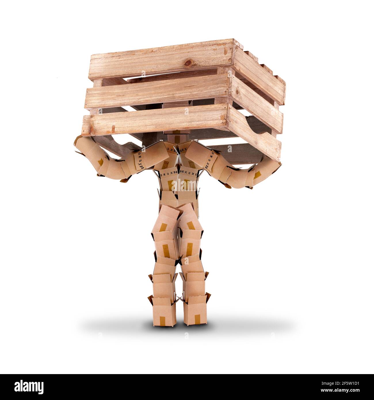 Think outside the box concept with a box character and his head inside a wooden crate. Isolated on a white background Stock Photo