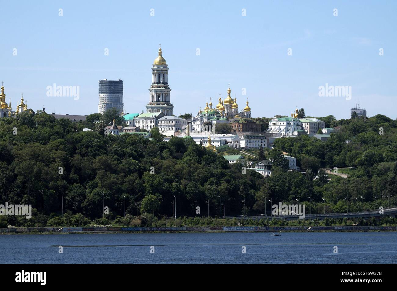 Golden domes of monasteries seen from River Dnieper, Kiev, Ukraine Stock Photo
