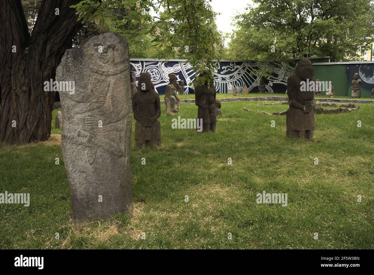 Standing stone idols (foreground idol 7th c. B.C., others 10th - 12th century B.C.), Historical Museum, Dnipro, Ukraine. Stock Photo