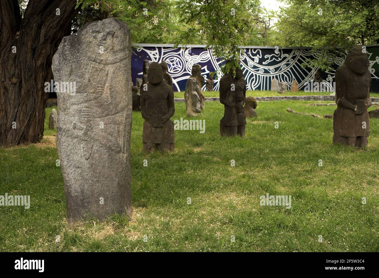 Standing stone idols (foreground idol 7th c. B.C., others 10th - 12th century B.C.), Historical Museum, Dnipro, Ukraine. Stock Photo