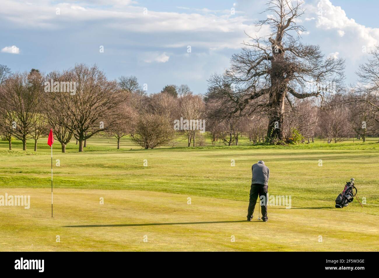 An amateur golfer on a public gof course.  About to put on the final green. Stock Photo