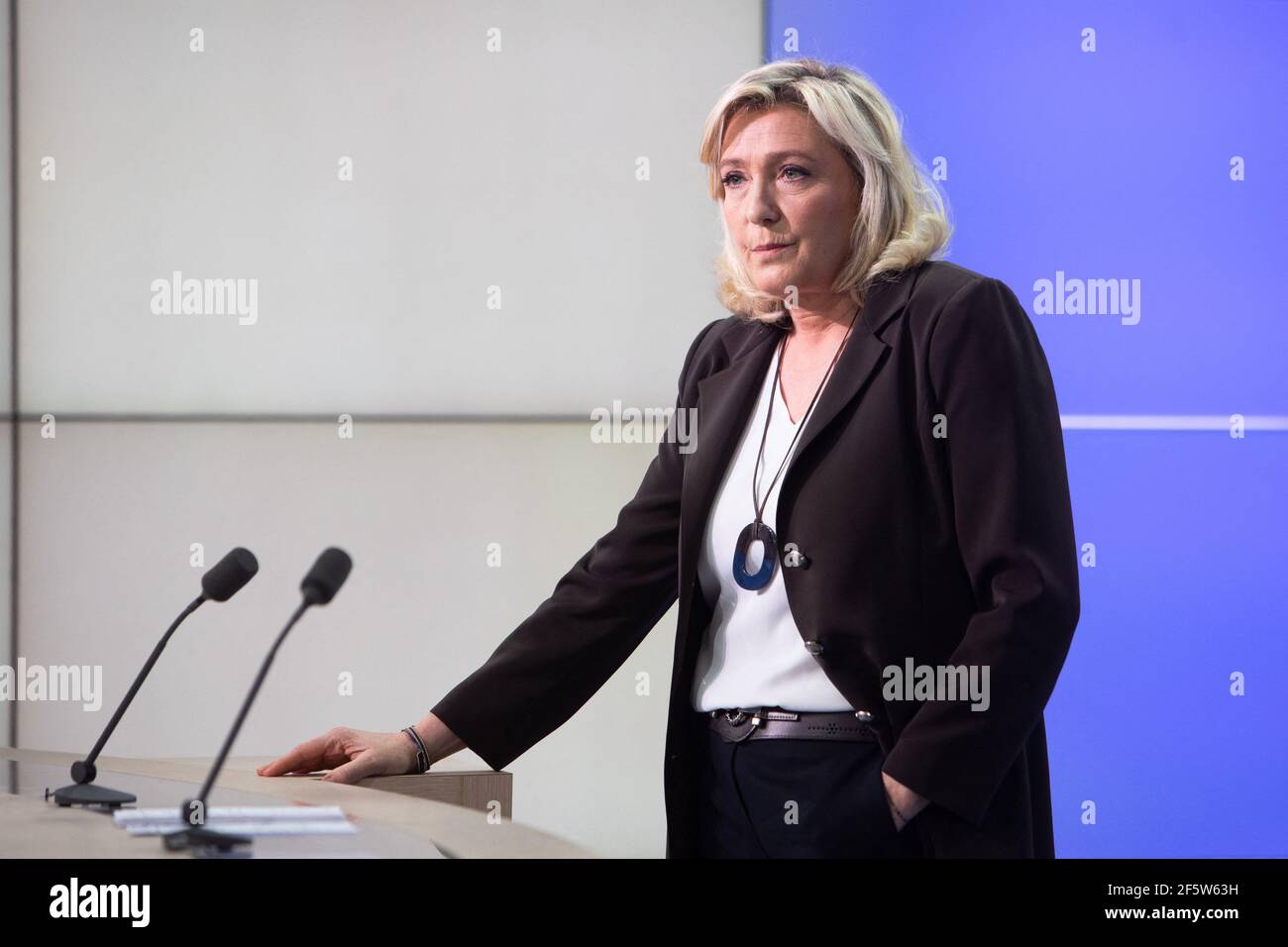 Rassemblement National president Marine Le Pen during 'Dimanche en politique ' on France 3 channel in Paris on March 28, 2021. Photo by Raphaël Lafargue/ABACAPRESS.COM Stock Photo