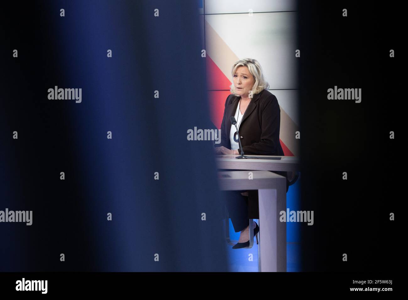 Rassemblement National president Marine Le Pen during 'Dimanche en politique ' on France 3 channel in Paris on March 28, 2021. Photo by Raphaël Lafargue/ABACAPRESS.COM Stock Photo