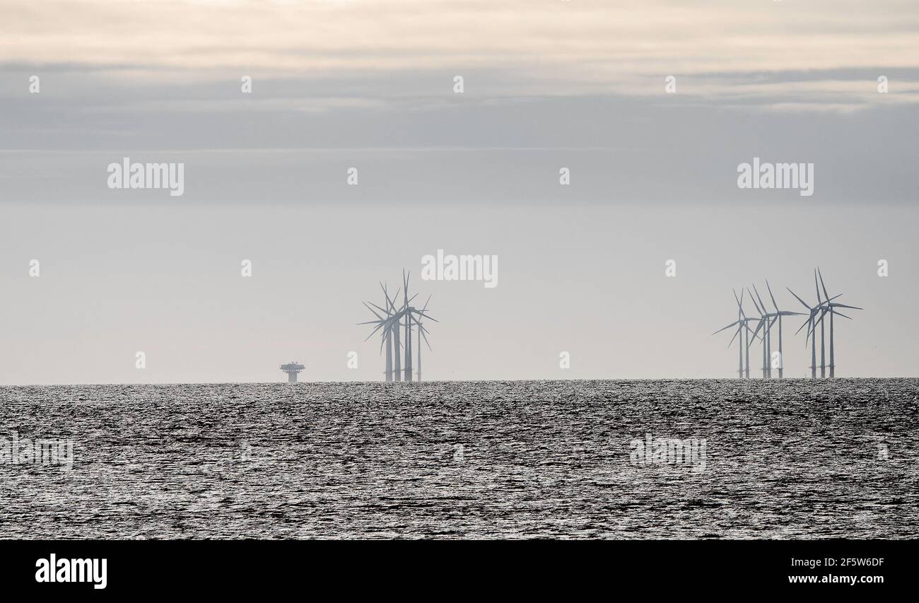 Robin Rigg wind farm, Solway estuary, fro Mersehead RSPB Reserve, Dumfries, SW Scotland Stock Photo
