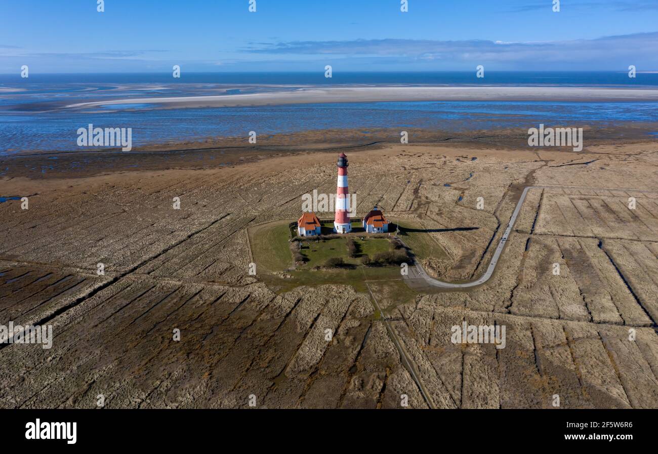 Aerial view of Westerhever lighthouse with Wadden Sea and North Sea coast, Schleswig Holstein, Germany Stock Photo