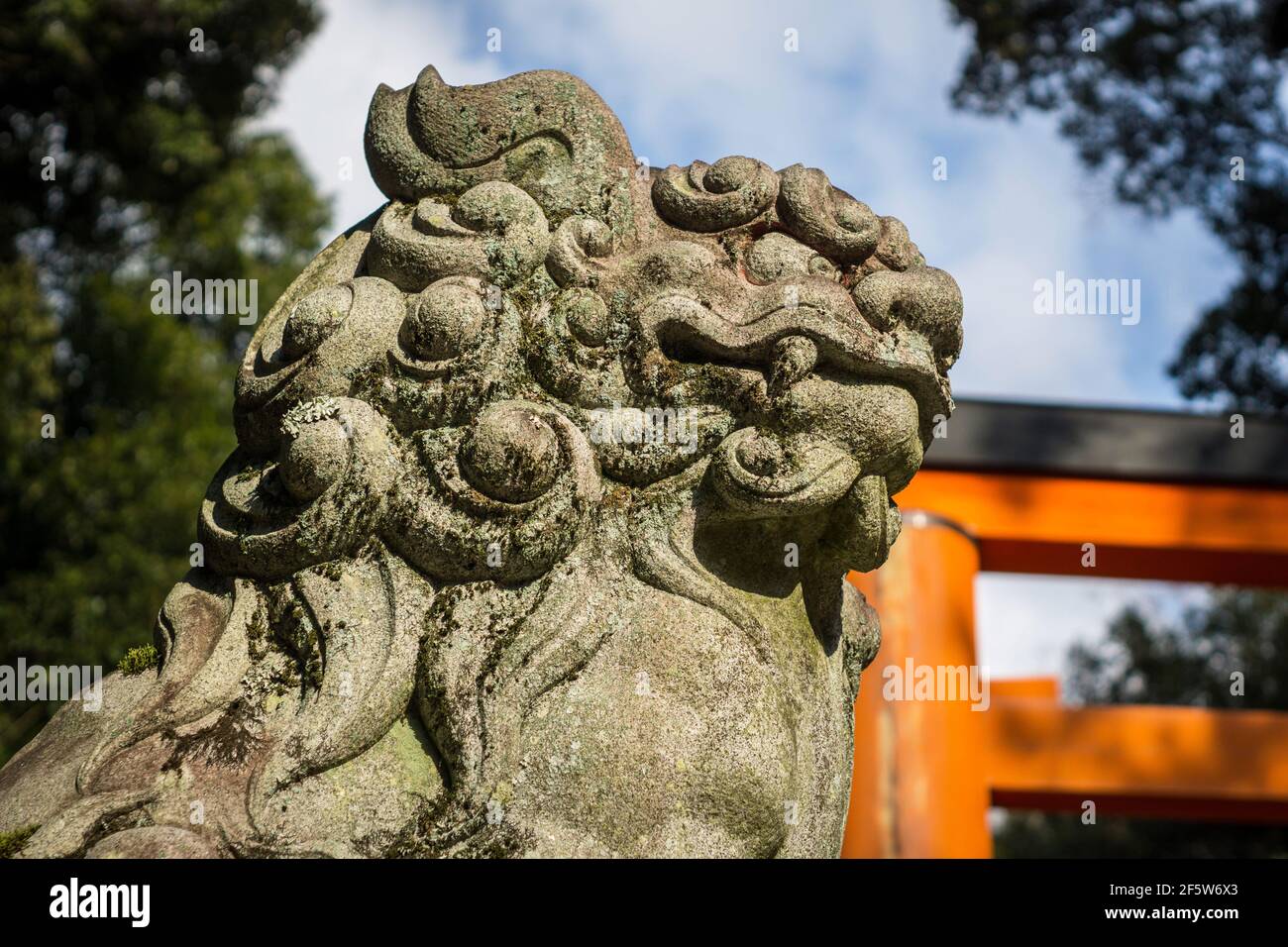A komainu liondog statue guarding the entrance to Kasuga Taisha Grand