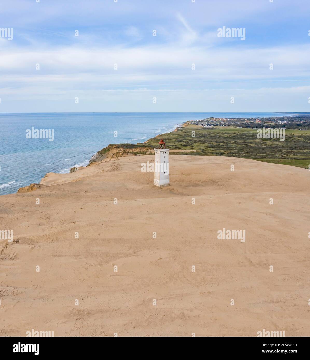 Aerial view, Rubjerg Knude Fyr lighthouse, North Jutland, Denmark Stock Photo