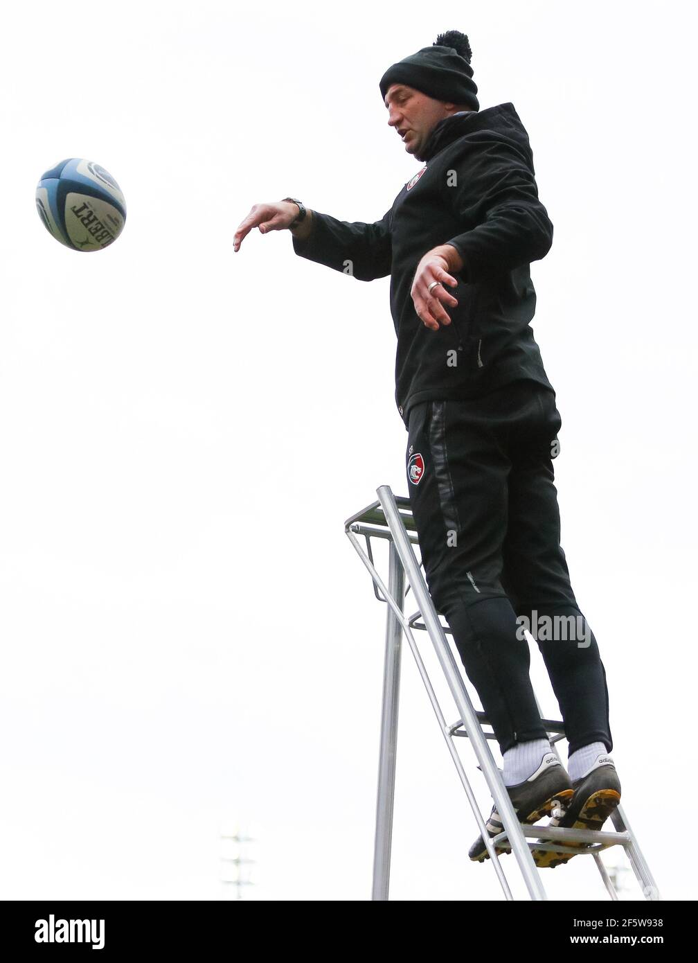 Leicester, UK. 28th March 2021; Mattoli Woods Welford Road Stadium, Leicester, Midlands, England; Premiership Rugby, Leicester Tigers versus Newcastle Falcons; Leicester Tigers Head Coach Steve Borthwick whilst catching line out practice throws in the pre-match warm-up Credit: Action Plus Sports Images/Alamy Live News Stock Photo