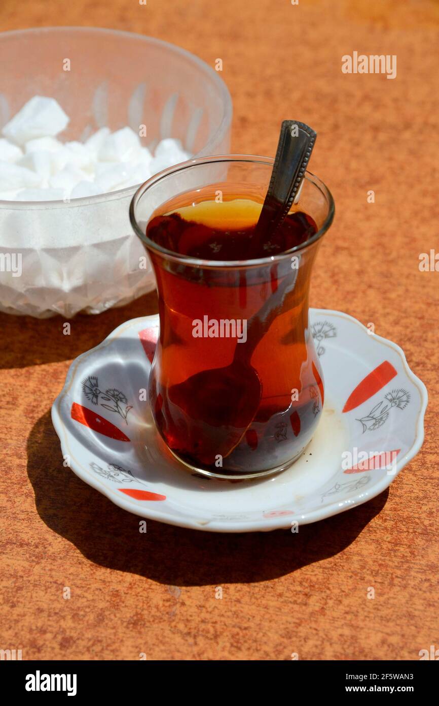 Turkish tea glass with tea, Turkey Stock Photo