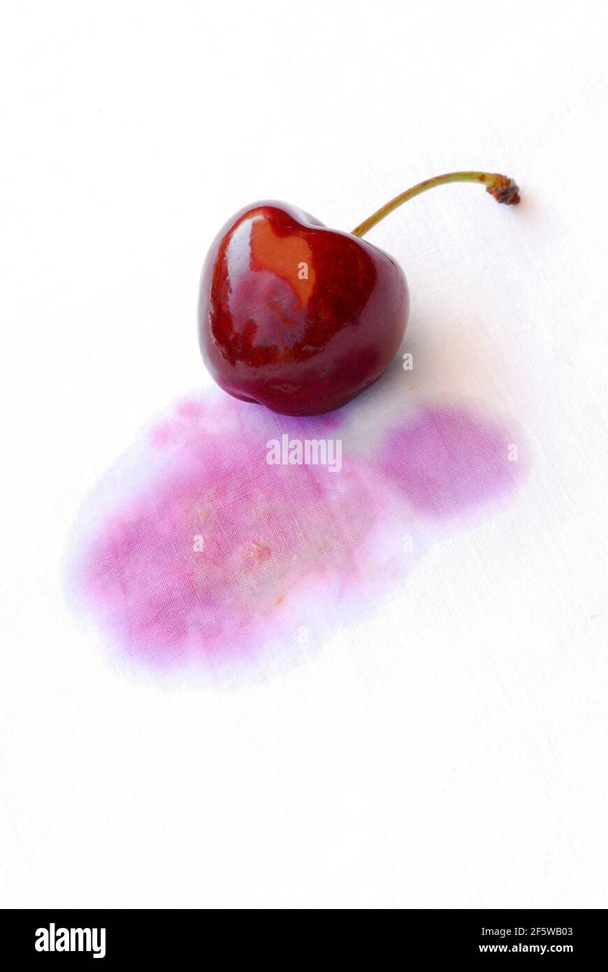 Stain, stains, cherry stain on fabric, cherry stain, cherry, cherry Stock Photo