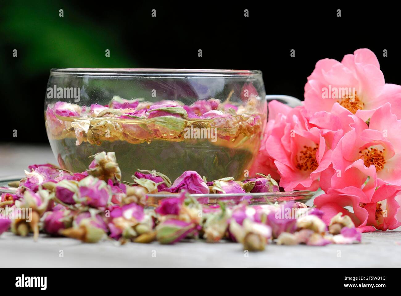 Rose Tea Botle Rose tea in cup and rose buds, rose petals, rose blossom tea Stock ...