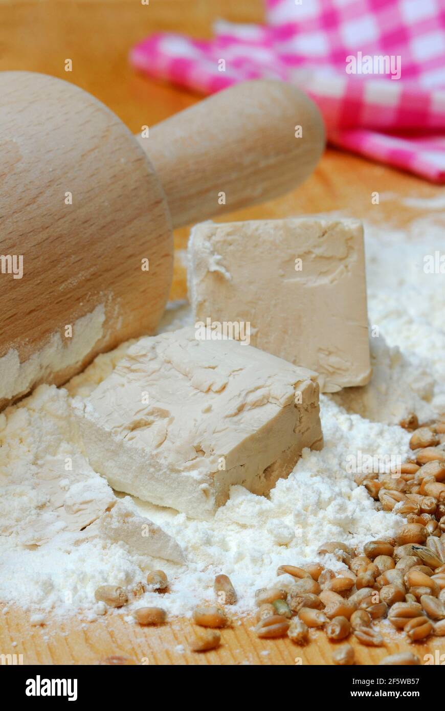 Baker's yeast, yeast, yeast cubes and wheat flour, wheat grains, flour, baking ingredient, baking agent, dry yeast Stock Photo